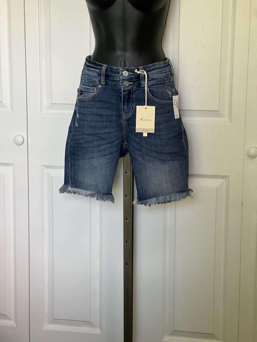 KanCan Medium Blue Frayed Hem Bermuda Denim Shorts